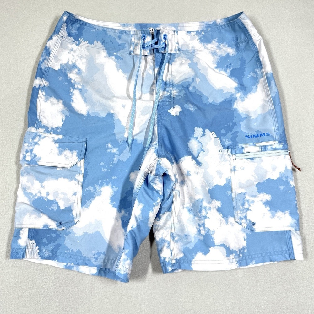 Simms Shorts Mens Medium Solarflex Angler Cargo Blue Cloud Camo Fishing Guide